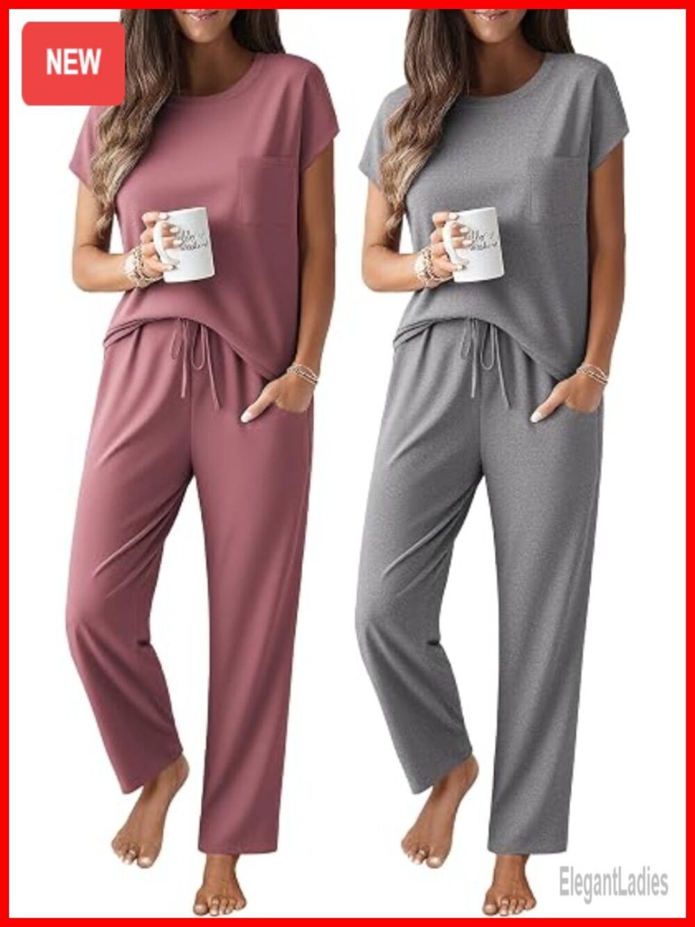 2 Pack Cap Sleeve Pajama Set with Pockets Sleepwear Lounge Set